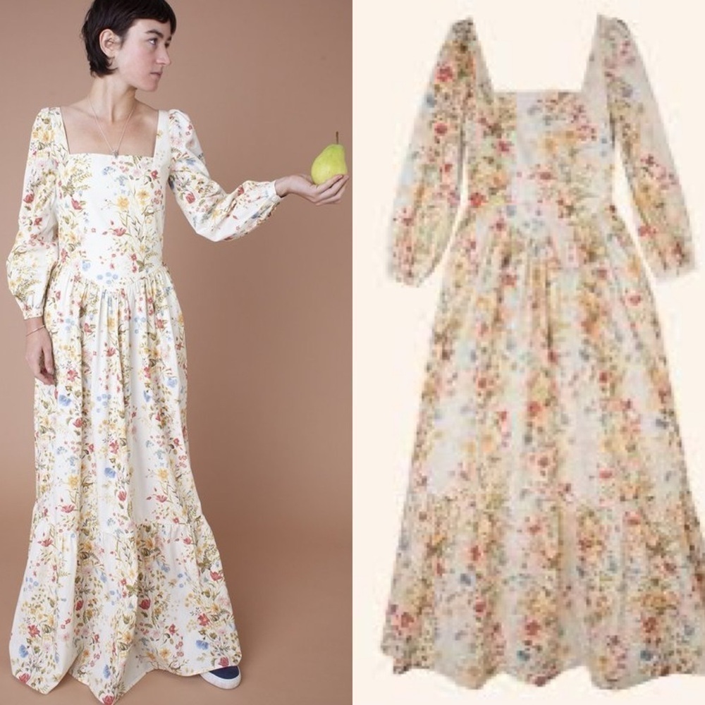 Meadows Marigold Maxi Dress Meadow Flowers Cream Cotton Poplin Cottagecore 2 - Picture 2 of 13